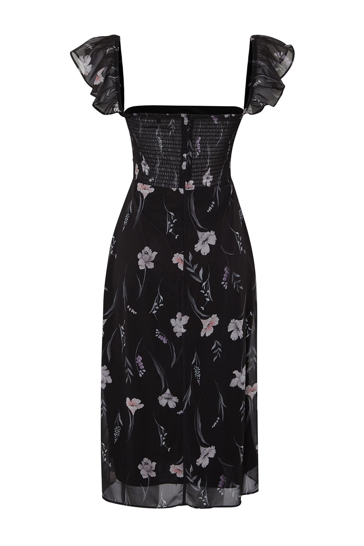 Black Floral A Cut Sleeves Frilled Midi Woven Dress Twoss24el00537