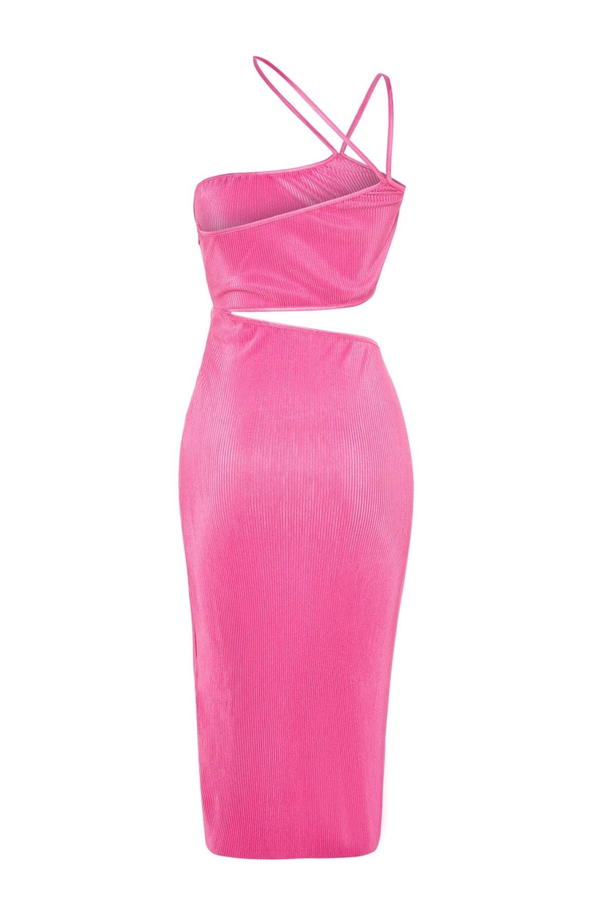 Pink Knitted Window/cut Out Detailed Textured Elegant Evening Dress Tprss23el00152