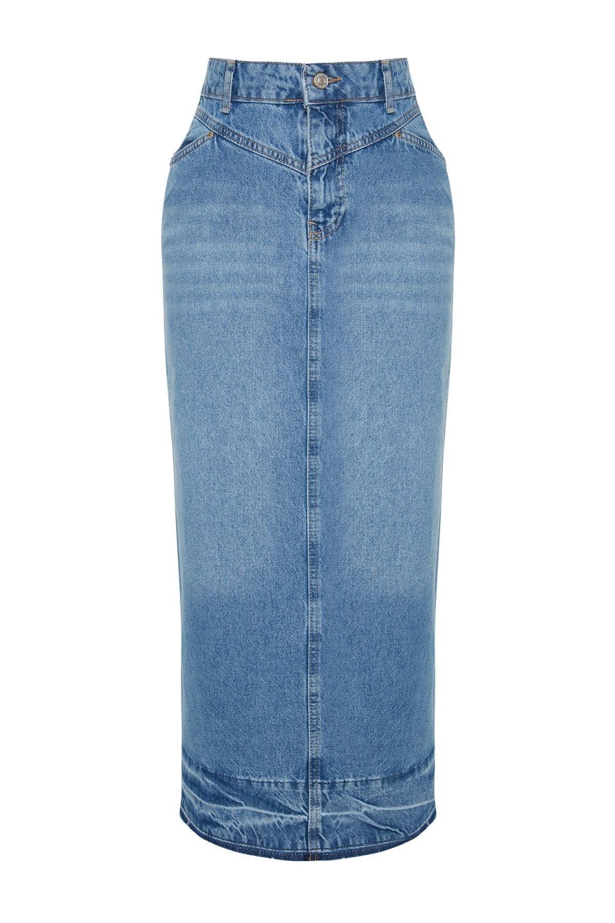 Blue Slit Waist Detailed Maxi Denim Skirt Twoaw24et00065