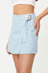 Light Blue Buckle Detailed Tire High Waist Mini Denim Skirt Twoss24et00061