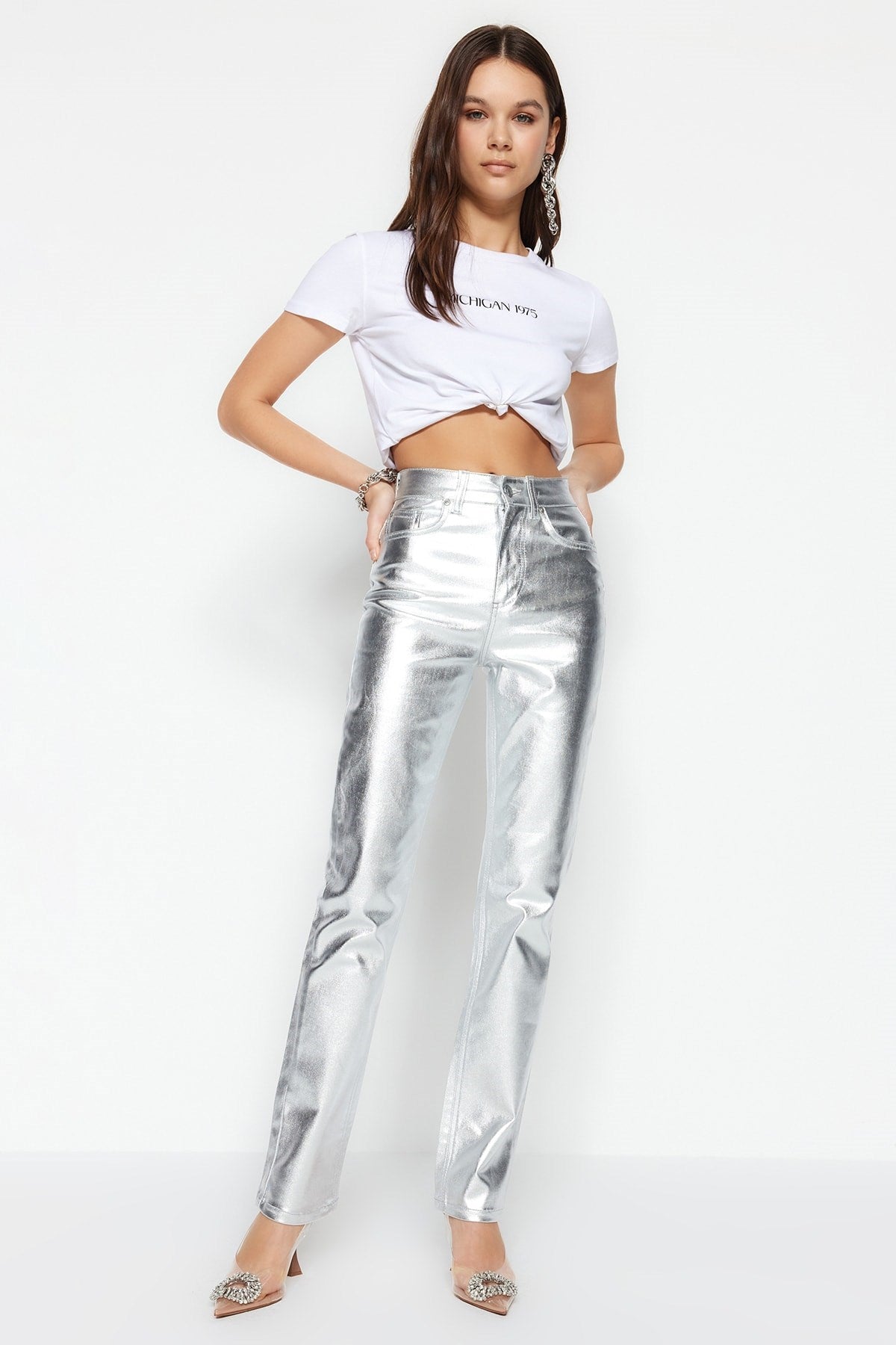 Silver Shiny Metallic Printed High Waist Straight Jeans Twoss23je00243