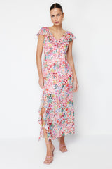 Pink Floral Ruffle Chiffon Lined Maxi Woven Dress Twoss24el00149