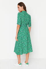 Green Floral Pattern Belted Midi Woven Viscose Shirt Dress Twoss20el1559