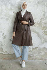 Ayora Double Breasted Collar Leather Trench - Taba Ms00or9834