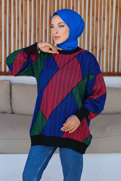 Black Color Striped Balloon Sleeve Knitwear Tunic Imj002308