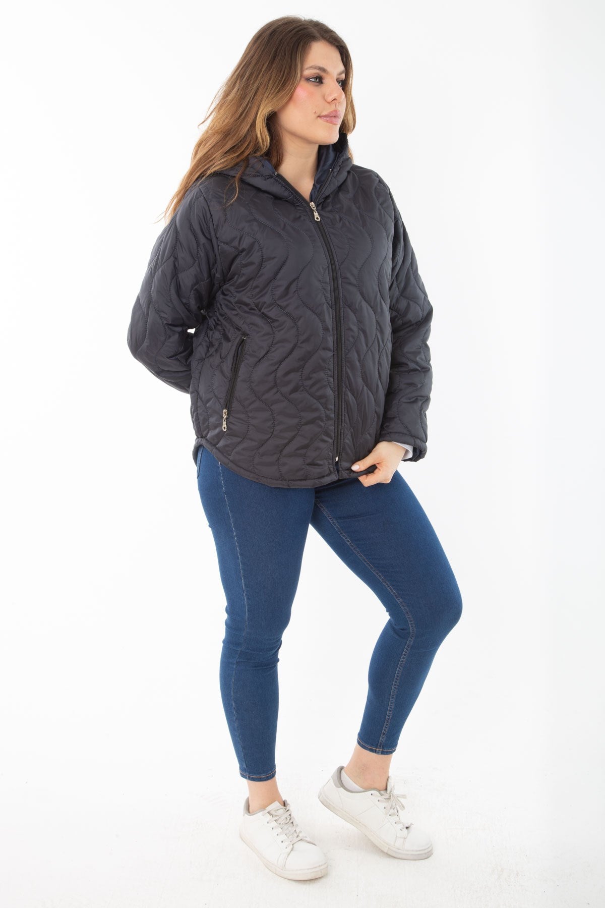 Women's Plus Size Navy Blue Front And Pocket Zipper Hooded Lined Quilted Coat 65n37281