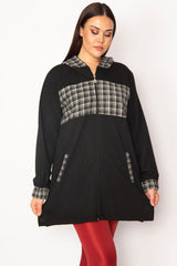 Women's Plus Size Black Plaid Pattern Detailed Hooded Coat 65n29568 65n29568