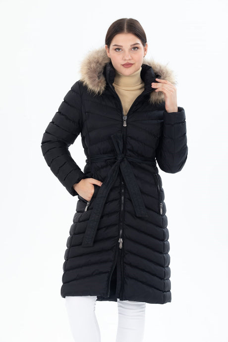 Women's Long Removable Fur Hooded Padded Waist Belt Waterproof Inflatable Coat 8529 1001m8529