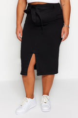 Black Belted High Waist Slit Plain Skirt Tbbss23az00017