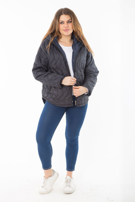 Women's Plus Size Navy Blue Front And Pocket Zipper Hooded Lined Quilted Coat 65n37281