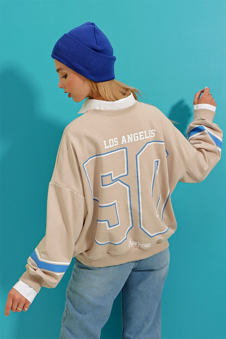 Women's Sky Blue Crew Neck Dodgers Printed Sleeve Striped Sweatshirt Alc-x8960