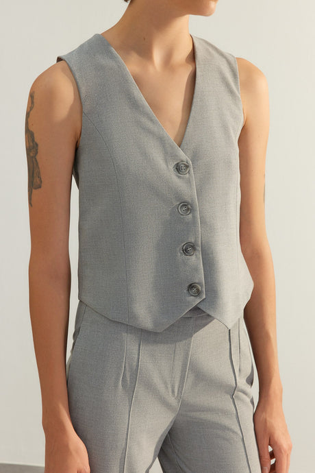 Grey Premium Fitted Buttoned Woven Vest Twoaw24ye00061