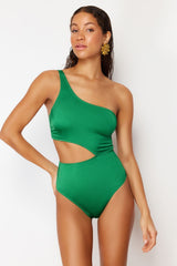 Black One Shoulder Cut Out/window Regular Swimsuit Tbess24my00005