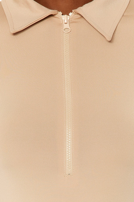 Beige Zipper Collar Detailed Snappy Knitted Bodysuit Twoaw24bd00005