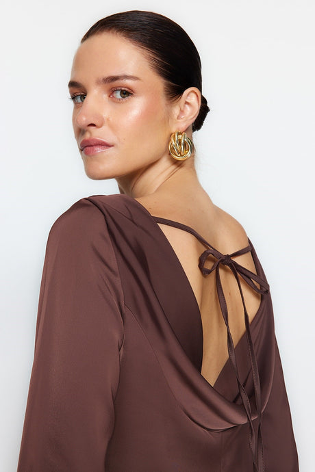 Brown Satin Woven Back Detailed Blouse Twoaw24bz00286