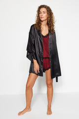 Black Belted Satin Woven Dressing Gown Thmaw23sb00011