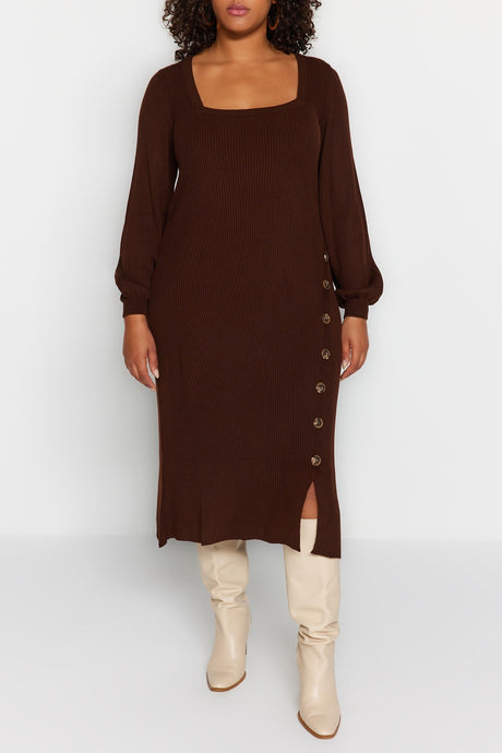 Brown Button Detailed Slit Knitwear Dress Tbbaw24ah00009