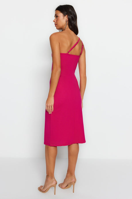 Fuchsia One Shoulder A-line Midi Smart Crepe Strappy Knitted Dress Twoss23el02303