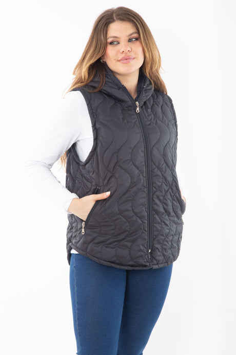 Women's Plus Size Black Front And Pocket Zipper Hooded Lined Quilted Vest 65n37282