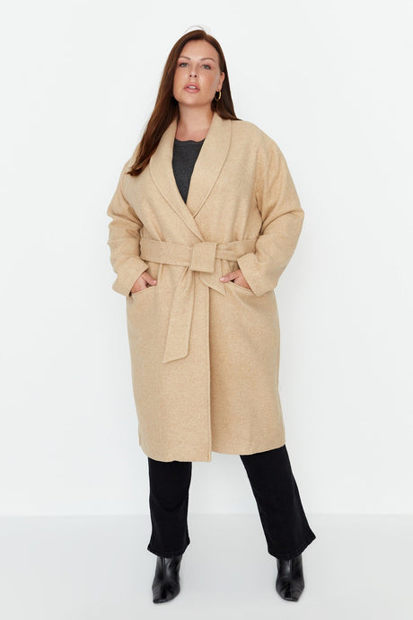 Camel Belted Oversize Cashmere Woven Coat Tbbaw23kb00004