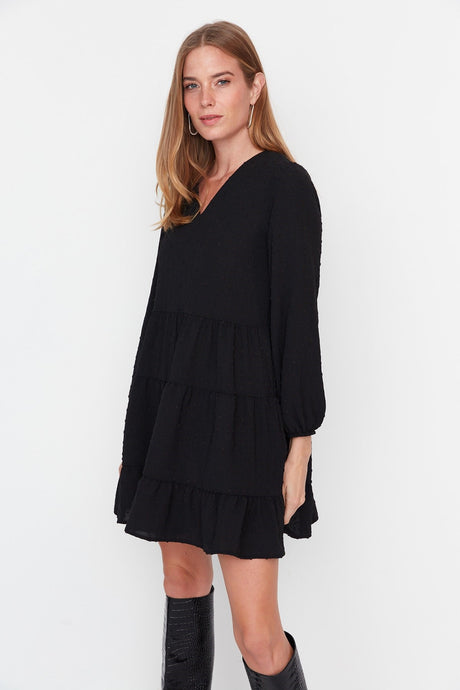 Black Mini Woven Wide Cut Textured Ruffle Dress Twoaw23el01479