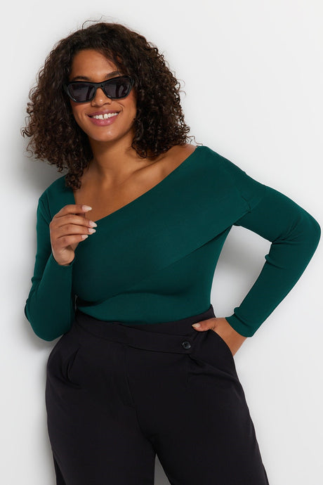 Emerald Green Asymmetric Collar Knitwear Sweater Tbbaw24an00018