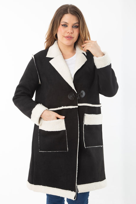 Women's Plus Size Black Inner Fur Shepherds Buttoned Nubuck Coat 65n37283