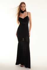 Black Body Sitting Knitted Lace Detailed Long Night Evening Dress Tprss24ae00003