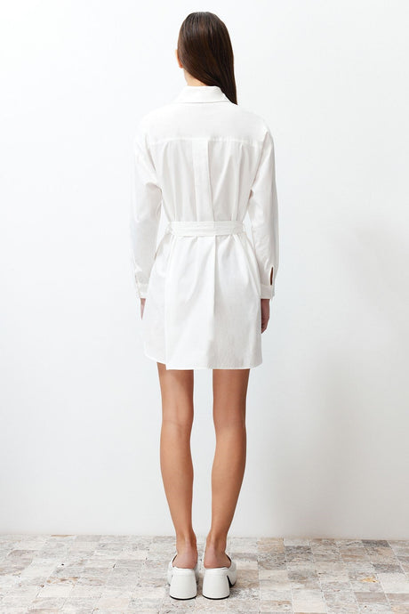 White Belted 100% Cotton Mini Woven Shirt Dress Twoss24el00339