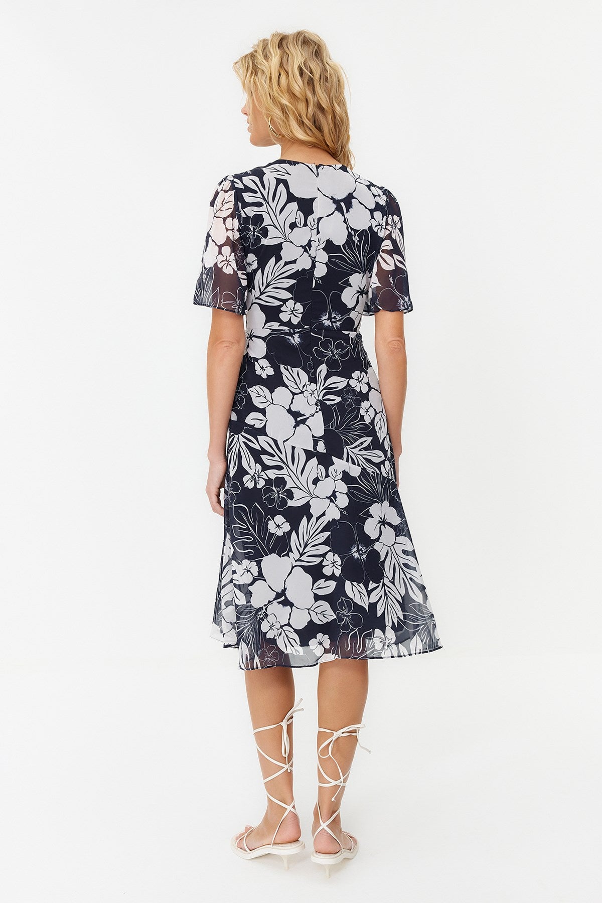 Navy Blue Floral Print A Cut Lined Midi Woven Dress Twoss20el0908