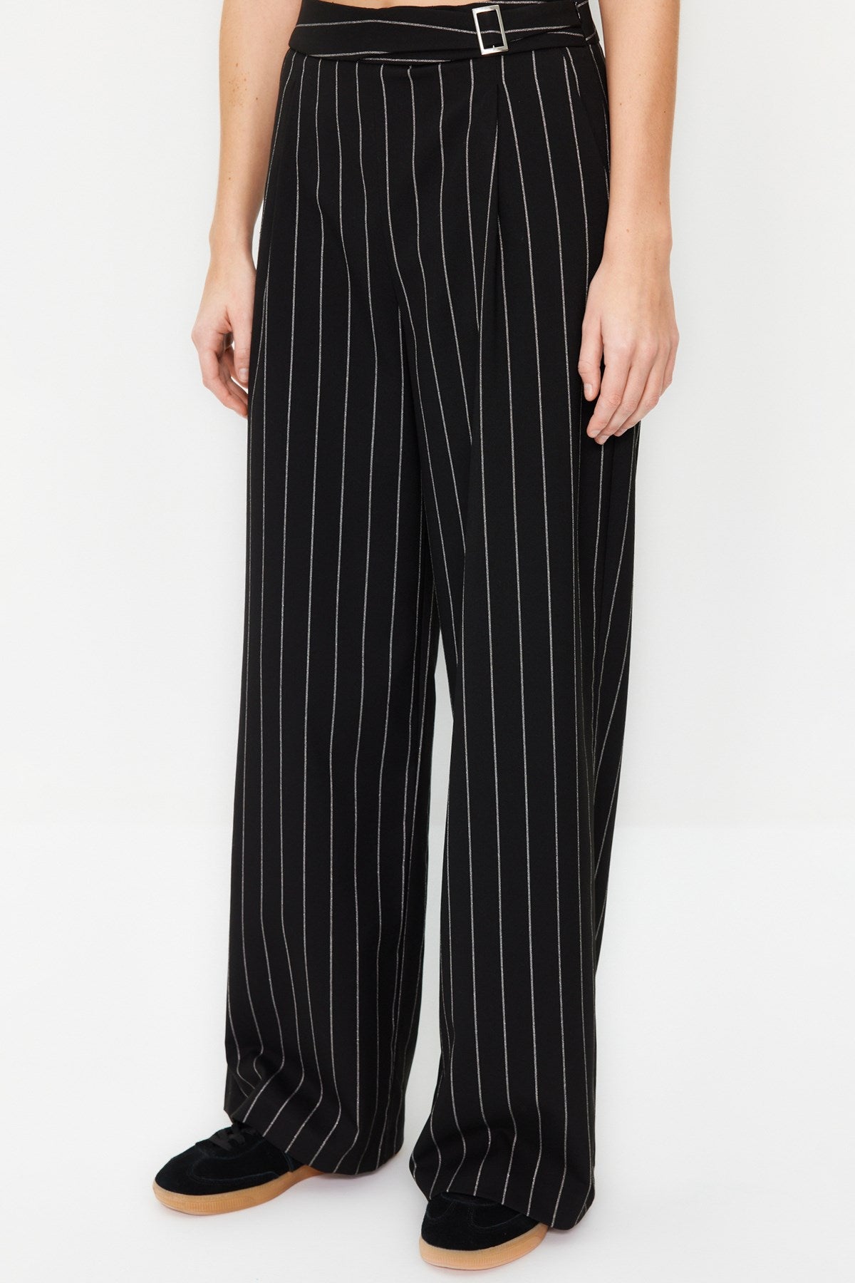 Grey Wide Leg/wide Leg Sim Detailed Woven Striped Pants Twoss23pl00223