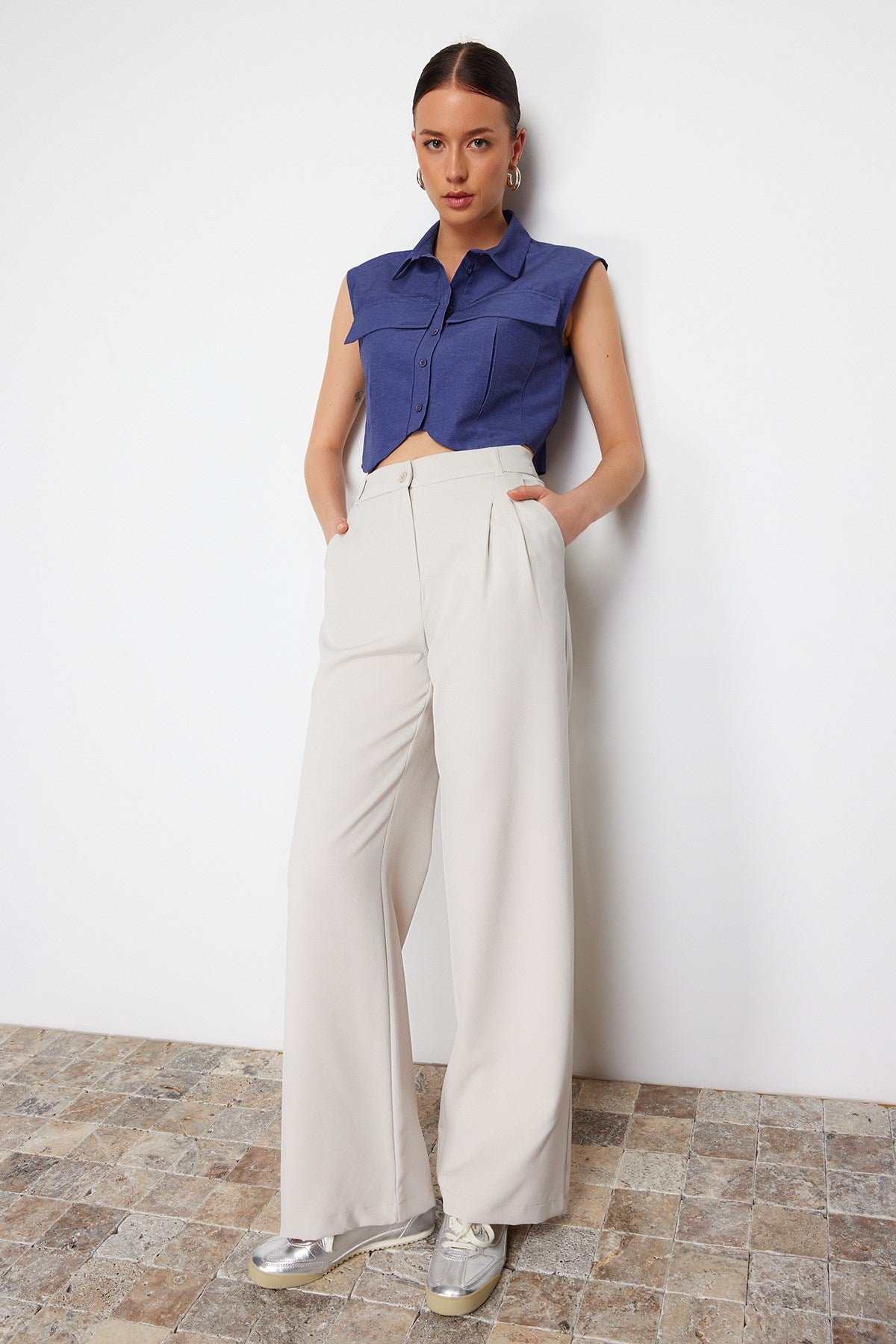 Mink High Waist Wide Leg/wide Leg Pleated Woven Pants Twoss24pl00114