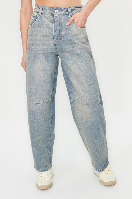 Blue Stitching Detailed High Waist Barrel Jeans Twoss24je00013