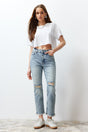 Blue Ripped Detailed High Waist Straight Jeans Twoss24je00178