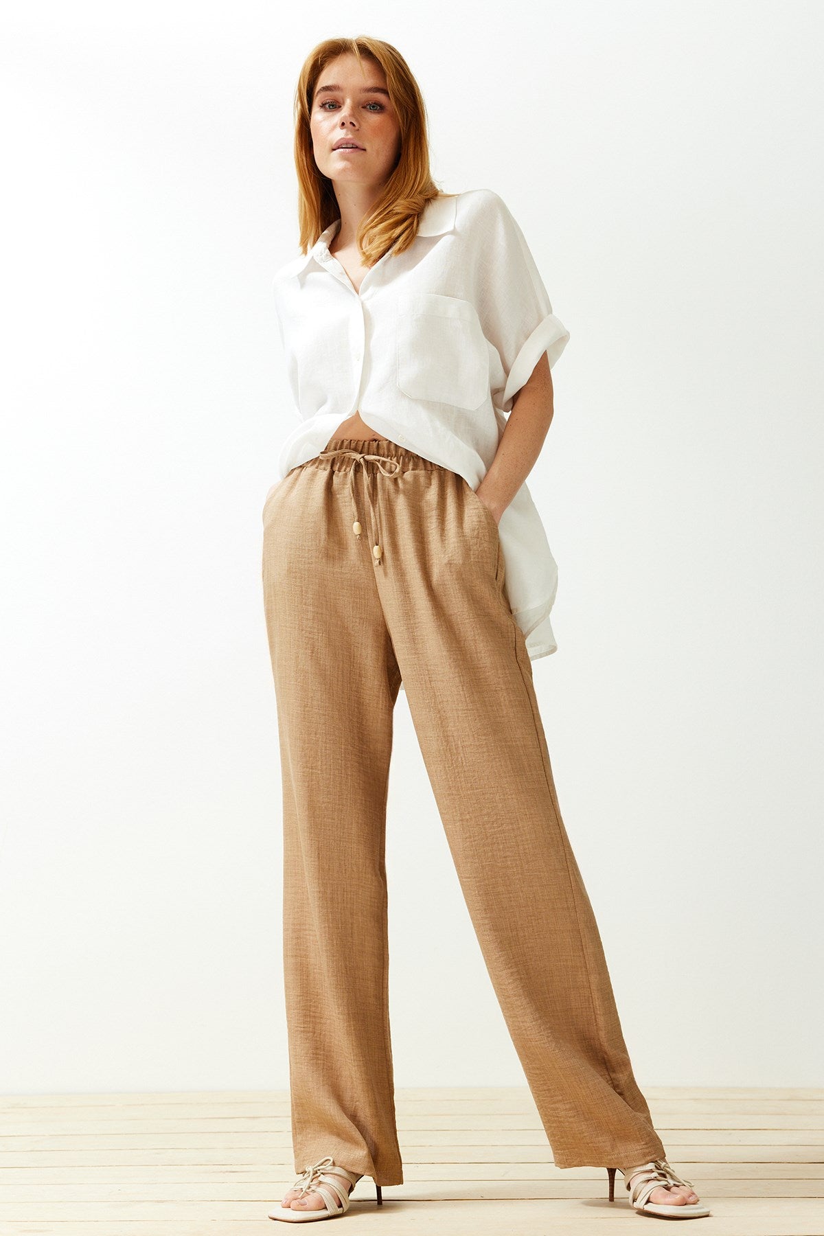 Camel Straight/straight Cut Waist Elasticated Lace-up Linen Look Pants Twoss24pl00056