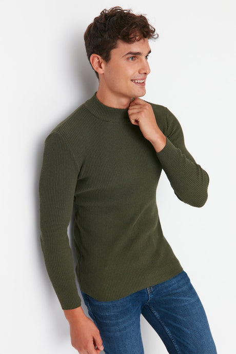 Brown Men's Fitted Slim Fit Half Turtleneck Ribbed Knitwear Sweater Tmnaw21kz0568