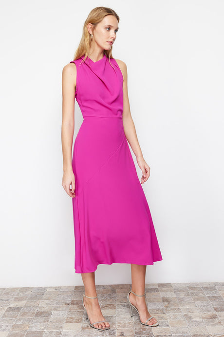 Pink Degaje Neckline Skirt Cut Detailed Midi Woven Dress Twoss24el00390