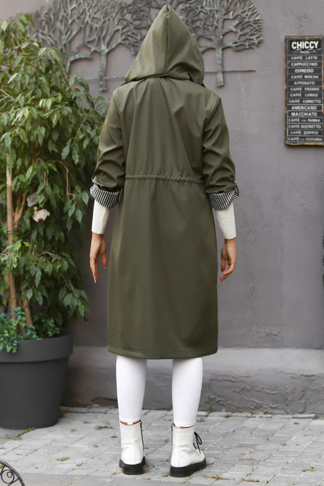 Women's Khaki Hooded Long Sleeve Pocket Lined Ruffle Midi Oversize Casual Woven Trench Coat M1021060