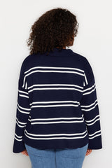 Navy Blue Striped Knitwear Sweater Tbbaw24an00013