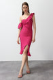 Fuchsia Ruffle Woven Elegant Evening Dress Tprss24el00153