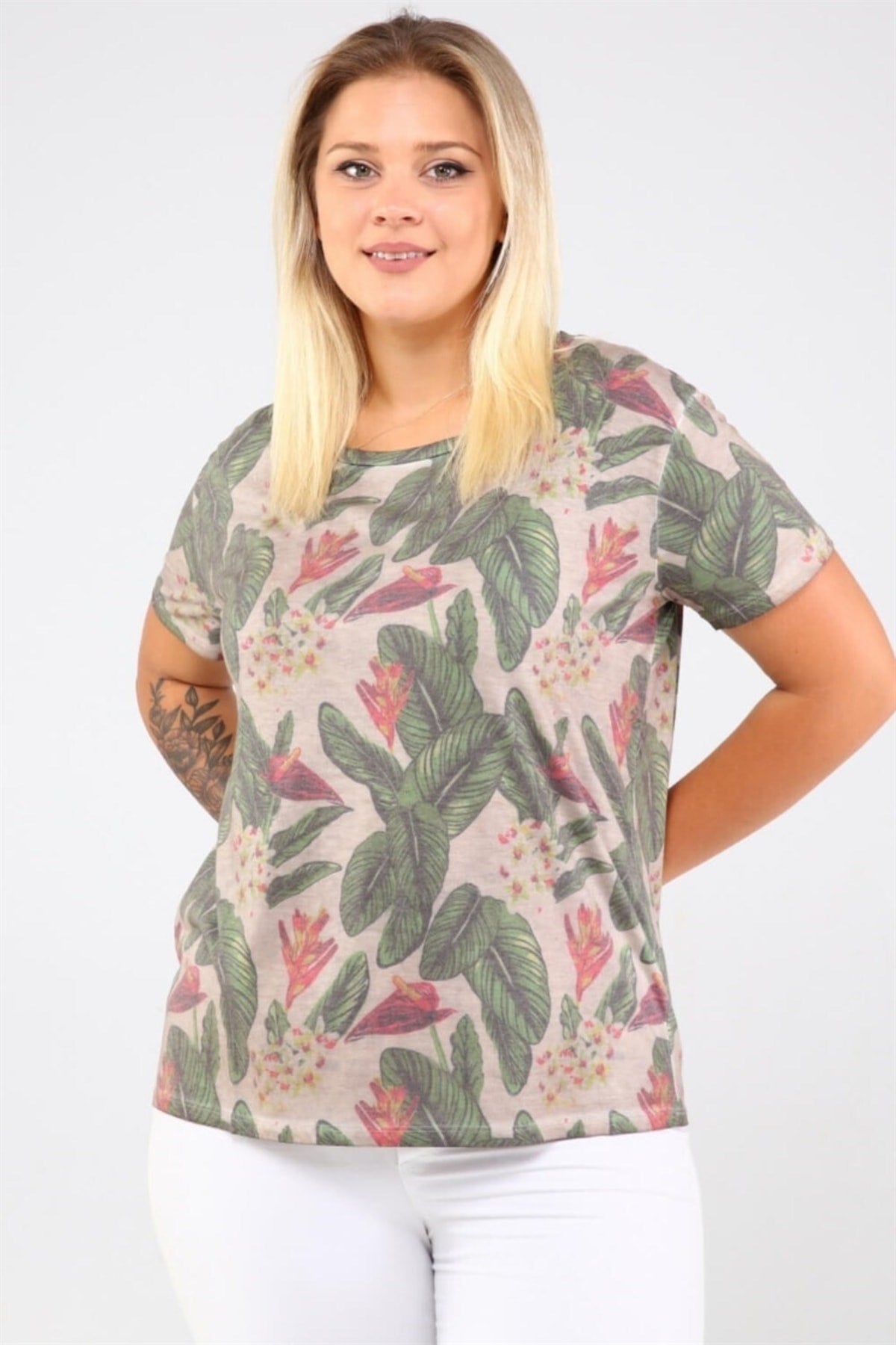 Leaf And Flower Printed Oil Wash T-shirt Light Pink Pra-493228-977244