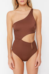 Brown One Shoulder Accessorized Regular Swimsuit Tbess24my00004