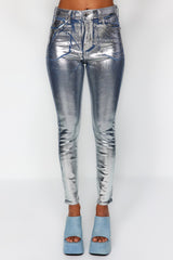 Grey Shiny Metallic Printed High Waist Skinny Jeans Twoaw24je00223