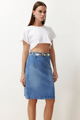 Blue Slit Midi Denim Skirt Twoss24et00189