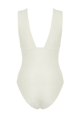 Ecru V Neck Textured Regular Swimsuit Tbess24ma00045