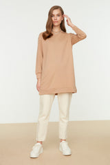 Beige Crew Neck Slit Detailed Basic Knitted Sweatshirt Tctaw22tw0138