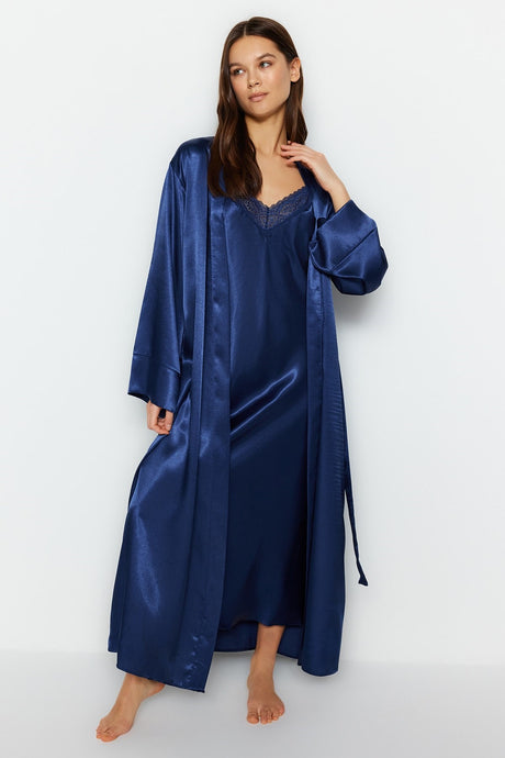 Indigo Belted Satin Woven Dressing Gown Thmss23sb00006