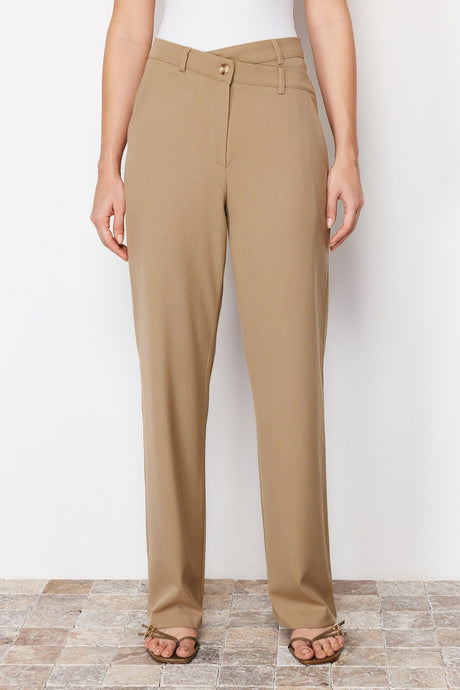 Beige Premium Straight/straight Cut Asymmetric Waist Detailed Woven Pants Twoss24pl00067