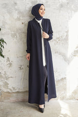 Hidden Patched Abaya With Lace-up Collar - Black Ms00tp00054