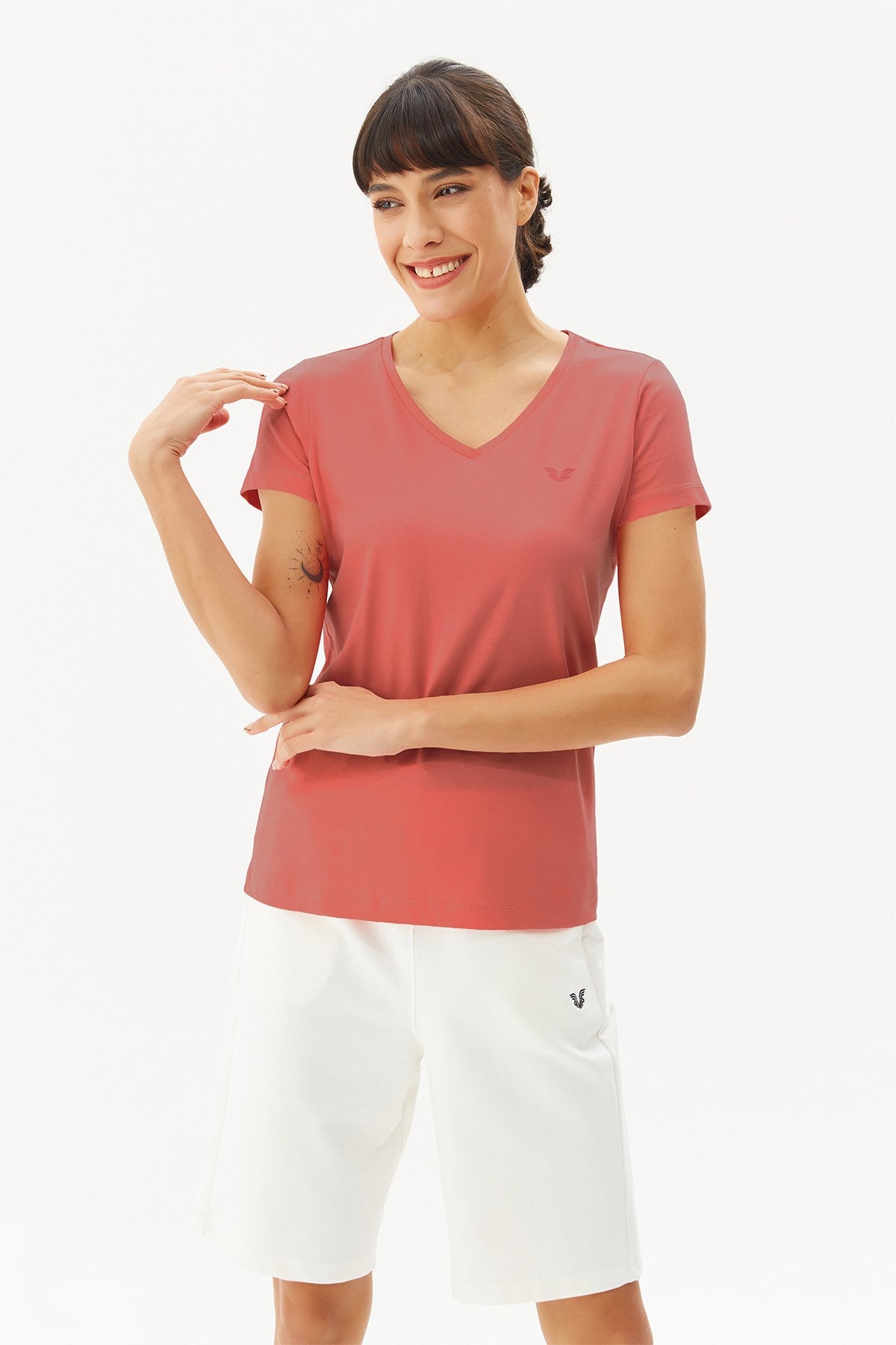 Red Women's V Neck Short Sleeve 100% Cotton Basic Solid Color Short Sleeve Casual Sports T-shirt 808